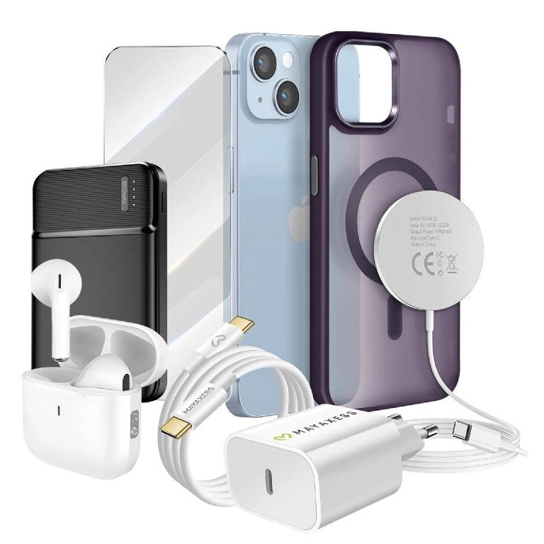 Illustrative smartphone accessory bundle showing a USB-C wall charger and cable; charger wattage, plug type and compatibility confirmed by quotation.