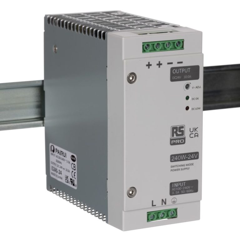 Illustrative DIN-rail industrial power supply; input voltage, output voltage, current, wattage and certification confirmed by quotation.