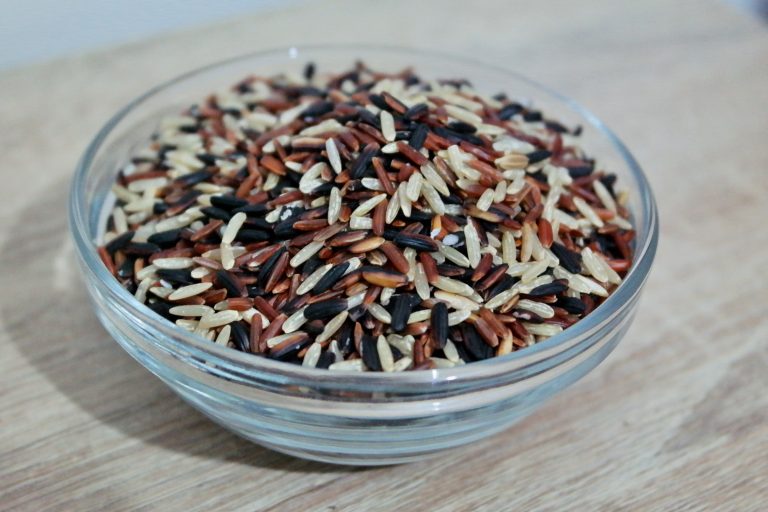 Uncooked brown, red and black rice varieties