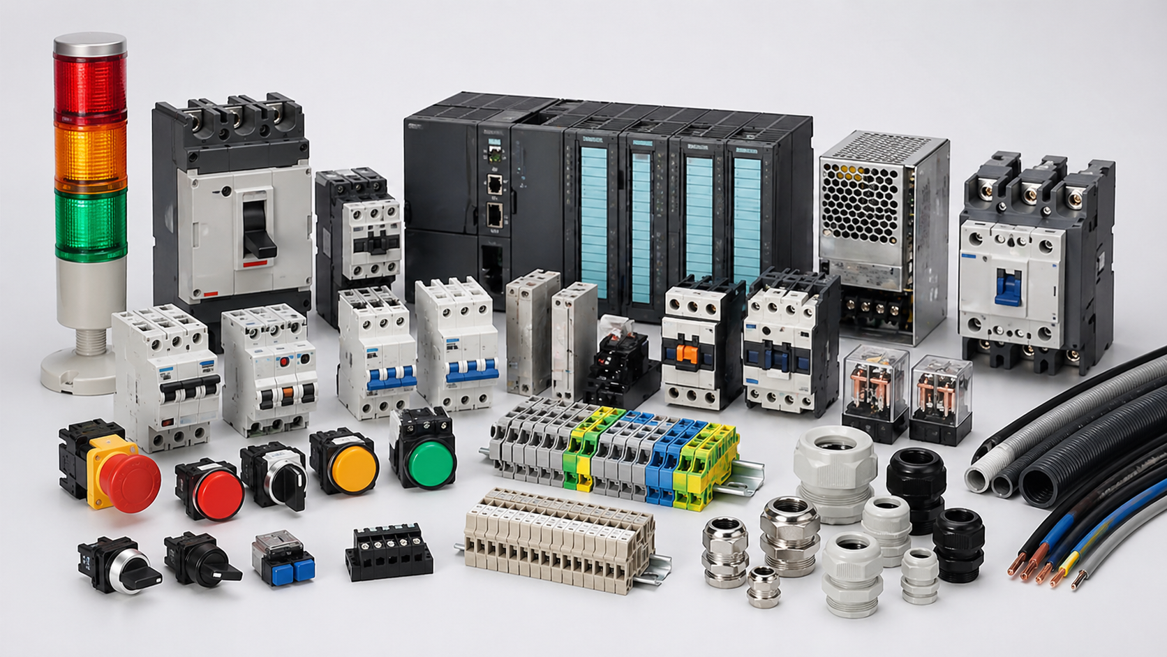 Illustrative industrial switches, sockets and panel components; mounting format, current rating, voltage and regional standards confirmed by quotation.