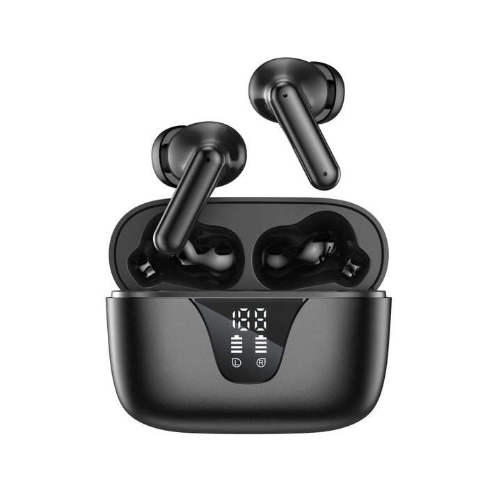 Illustrative Bluetooth wireless earbuds with charging case; exact model, Bluetooth version, battery life and certification confirmed by quotation.