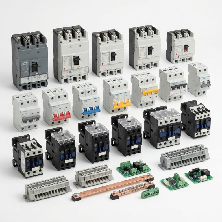 Illustrative electrical contactors, relays and switchgear components; coil voltage, contact configuration, current rating and mounting type confirmed by quotation.
